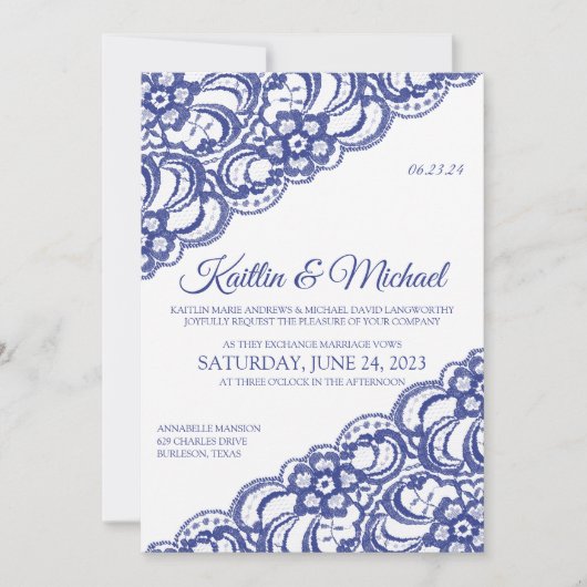 Faire-part de mariage rustique en dentelle - Bleu (Devant)