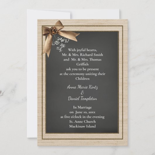 Faire-part de mariage rustique en toile de jute (Devant)