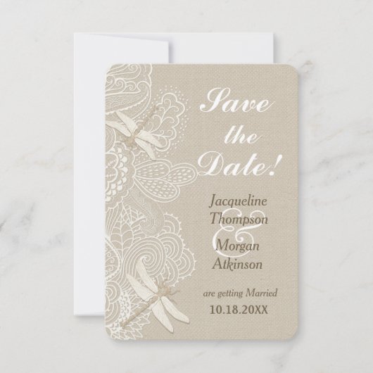 Faire-part de mariage rustique en toile de jute et (Devant)