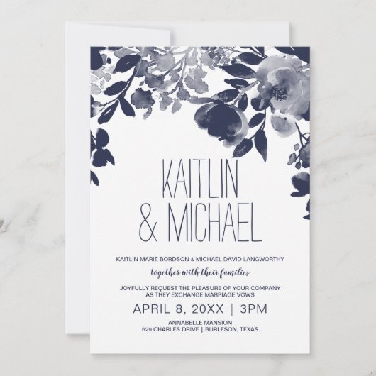 Faire-part de mariage rustique floral (bleu marine (Devant)
