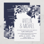 Faire-part de mariage rustique floral (bleu marine (Devant / Derrière)