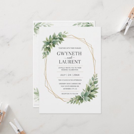 Faire-part de mariage rustique géométrique or et v (Devant/Arrière en situation)
