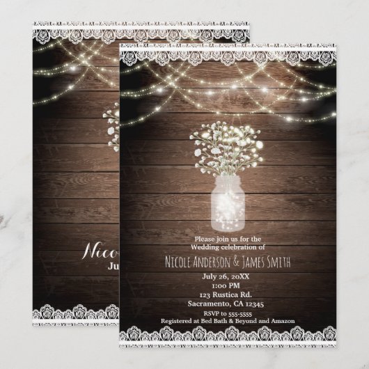 Faire-part de mariage rustique Gypsophile & Lumièr (Devant / Derrière)