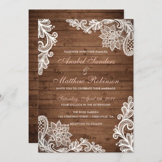 Faire-part de mariage rustique Lace Wood (Devant / Derrière)
