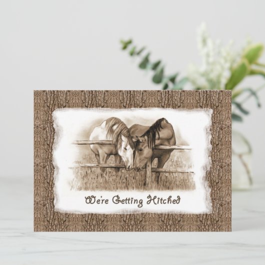 Faire-part de mariage rustique : Mariés : Chevaux (Debout devant)