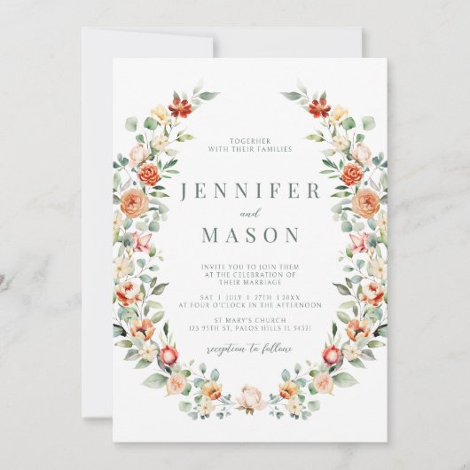 Faire-part de mariage rustique orangé fleuri (Devant)