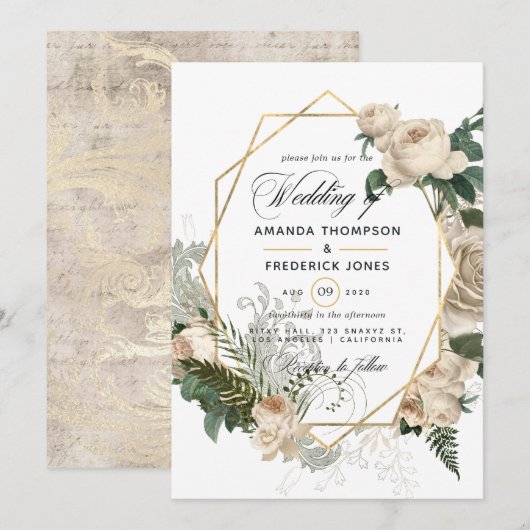 Faire-part de mariage rustique polygonal floral iv (Devant / Derrière)