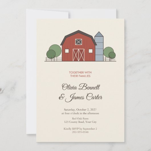 Faire-Part de Mariage Rustique Rouge de Grange de (Devant)