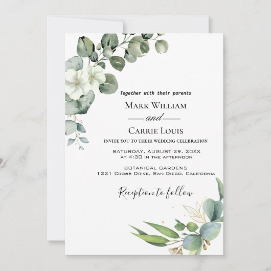 Faire-part de mariage rustique verdure d'eucalyptu (Devant)