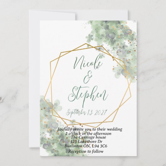 Faire-part de mariage rustique vert et or (Devant)
