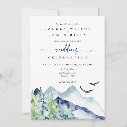 Faire-part de mariage Rustique Watercolor Mountain (Devant)