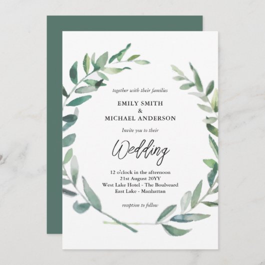 Faire-part de mariage Sage Feuilles olive modernes (Devant / Derrière)