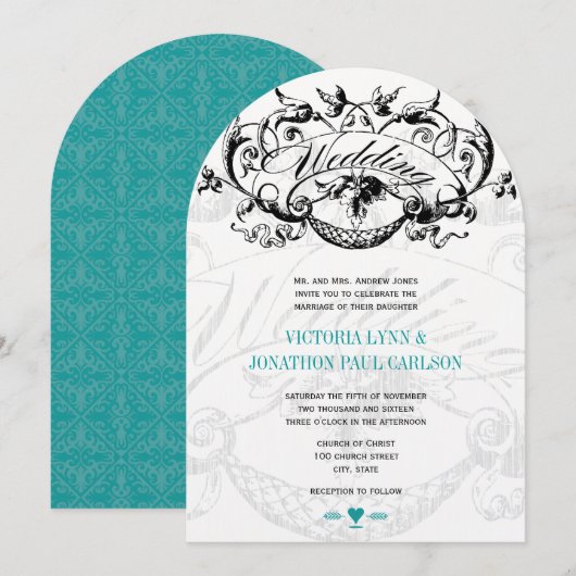 Faire-part de mariage sarcelle aqua moderne vintag (Devant / Derrière)