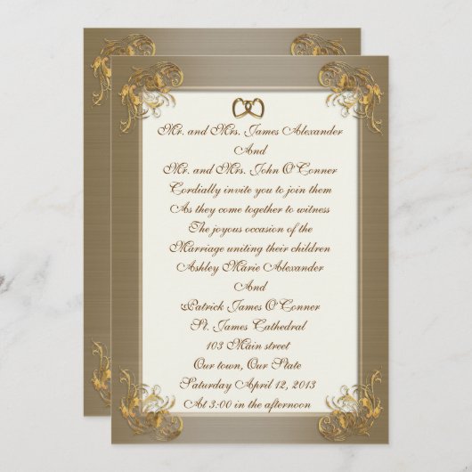 Faire-part de mariage satiné or élégance (Devant / Derrière)