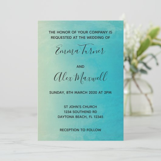 Faire-part de mariage | Script d'aquarelle bleu (Debout devant)