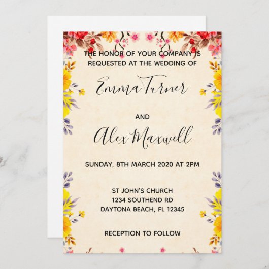 Faire-part de mariage | Script floral romantique (Devant / Derrière)