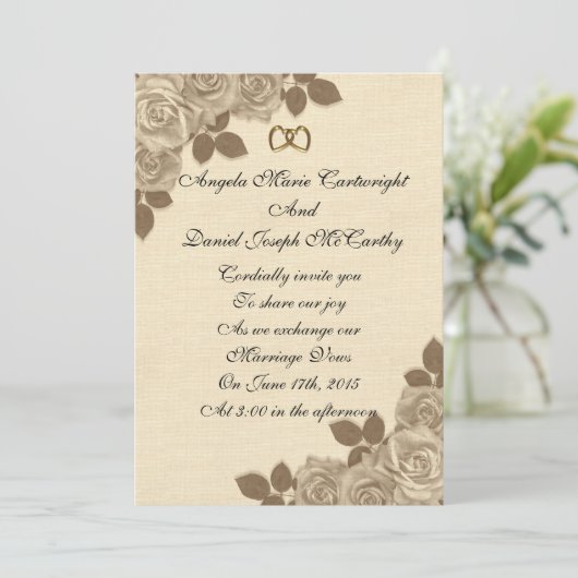Faire-part de mariage Sepia roses sur lin (Debout devant)