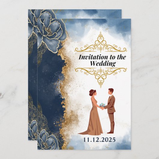 Faire-part de mariage Silhouette élégant (Marine) (Devant / Derrière)