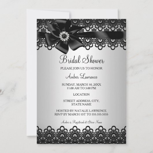Faire-part de mariage Silver Black Lace & Bow (Devant)