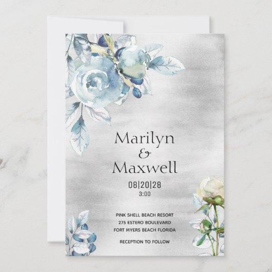 Faire-part de mariage Silver Dusty Blue Peony (Devant)