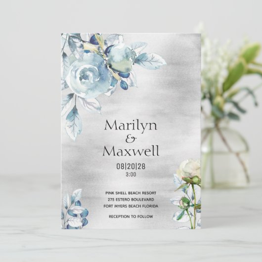 Faire-part de mariage Silver Dusty Blue Peony (Debout devant)