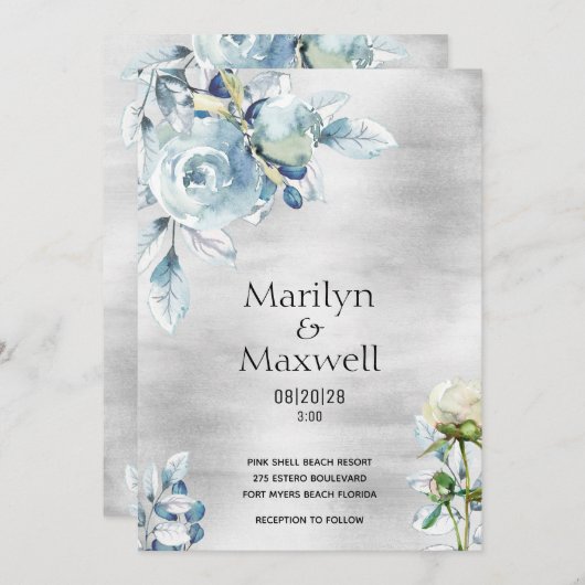 Faire-part de mariage Silver Dusty Blue Peony (Devant / Derrière)