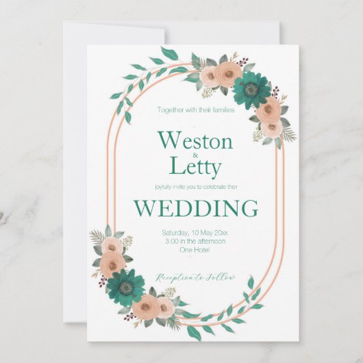 Faire-part de mariage simple Apricot Peach Emerald (Devant)