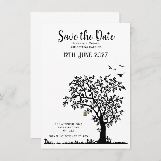 Faire-part de mariage simple arbre / oiseau noir e (Devant / Derrière)