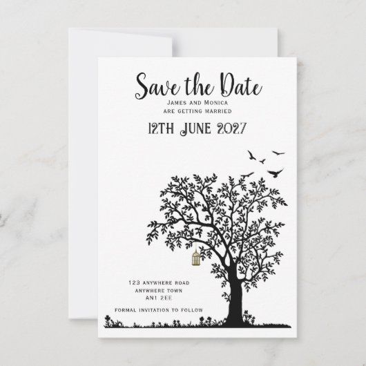 Faire-part de mariage simple arbre/oiseau noir et (Devant)