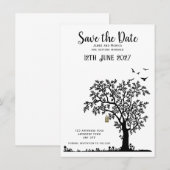 Faire-part de mariage simple arbre/oiseau noir et (Devant / Derrière)