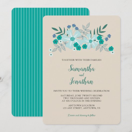 Faire-part de mariage simple avec fleurs sarcelle (Devant / Derrière)