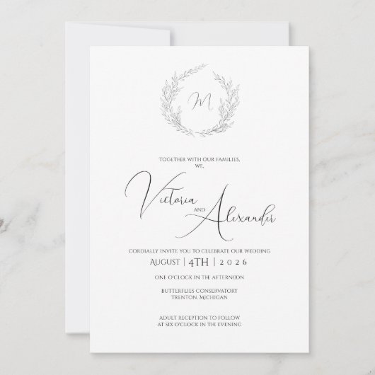 Faire-part de mariage simple avec monogramme de la (Devant)