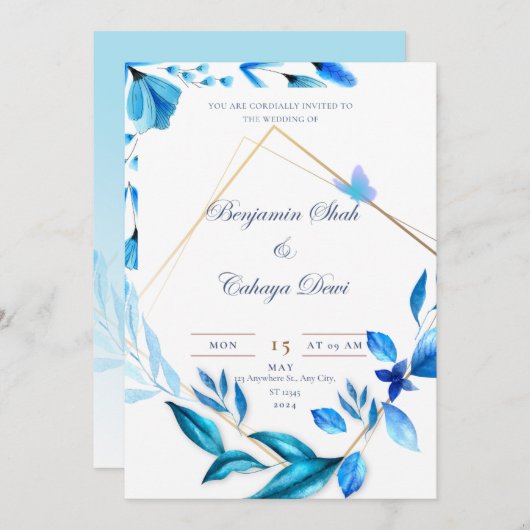 faire-part de mariage simple bleu bébé et blanc (Devant / Derrière)