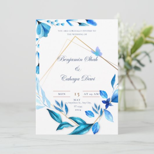 faire-part de mariage simple bleu bébé et blanc (Debout devant)