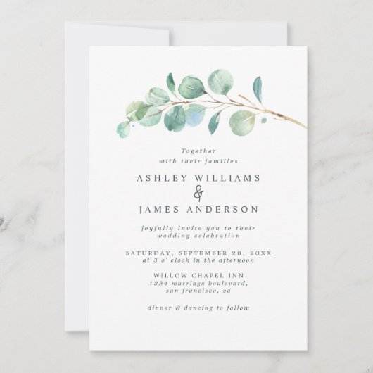 Faire-part de mariage simple de feuillage vert Euc (Devant)