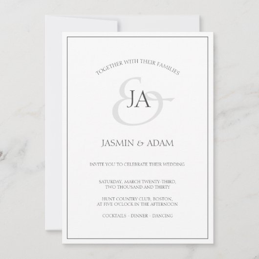 Faire-part de mariage simple de monogramme blanc e (Devant)