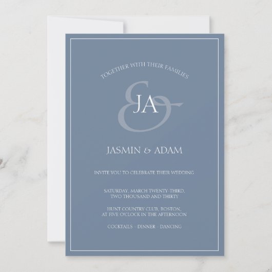 Faire-part de mariage simple Dusty Blue Monogram (Devant)