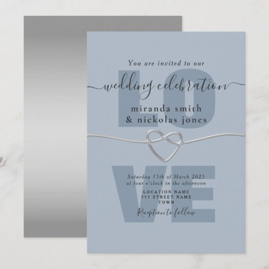 Faire-part de mariage simple écriture d'amour bleu (Devant / Derrière)