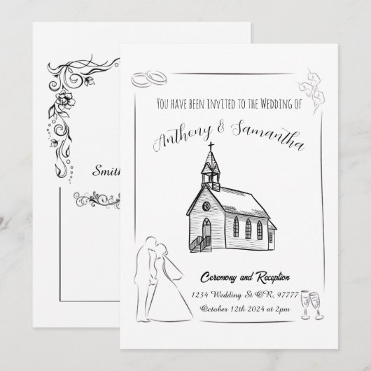 Faire-part de mariage simple en noir et blanc (Devant / Derrière)