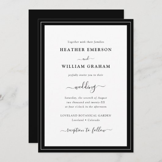 Faire-part de mariage simple en noir et blanc (Devant / Derrière)