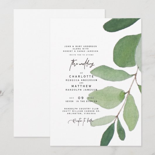 Faire-part de mariage simple Eucalyptus (Devant / Derrière)