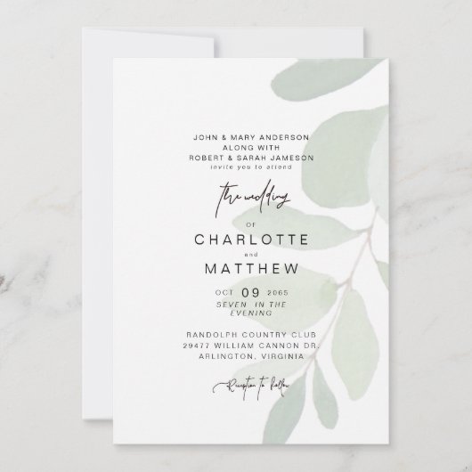 Faire-part de mariage simple eucalyptus avec les d (Devant)