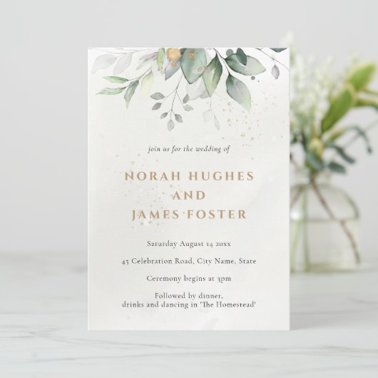 Faire-part de mariage simple Feuille vert et or (Debout devant)