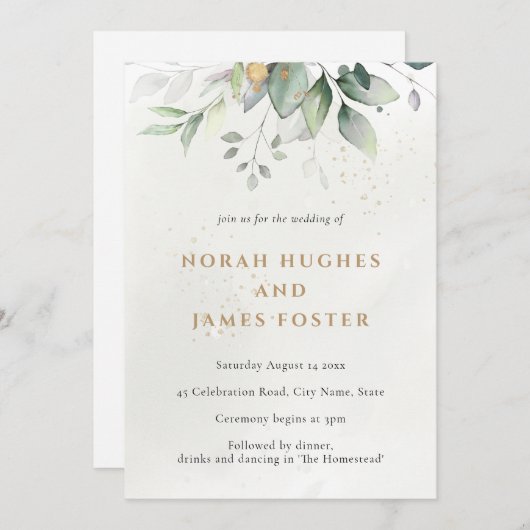 Faire-part de mariage simple Feuille vert et or (Devant / Derrière)