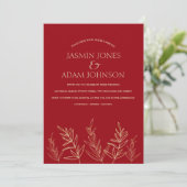 Faire-part de mariage simple feuilles d'or rouge c (Debout devant)
