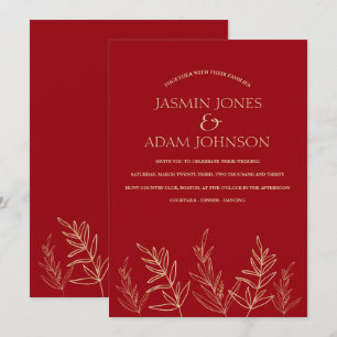 Faire-part de mariage simple feuilles d'or rouge c