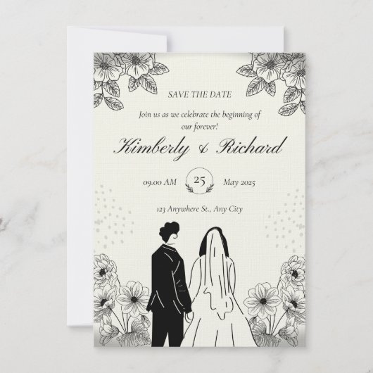 Faire-part de mariage simple illustration beige no (Devant)