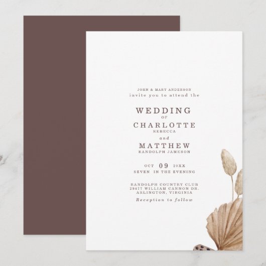 Faire-part de mariage simple marron et beige (Devant / Derrière)