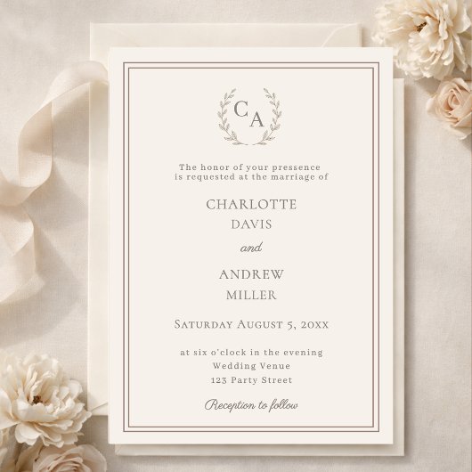 Faire-part de mariage simple monogramme couronne t