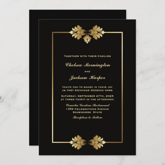 Faire-part de mariage Simple Noir avec Or (Devant / Derrière)